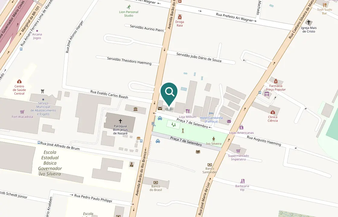 Mapa do Centro de Palhoça com a Dr. Exame marcada na Praça 7 de Setembro, 106, ao lado da Avenida Barão do Rio Branco